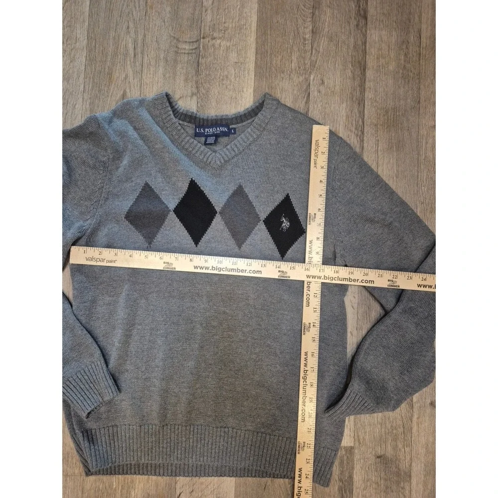 COZY CABINCORE ECLECTIC RETRO Gray‎ Argyle V-Neck Sweater Cotton Blend Large